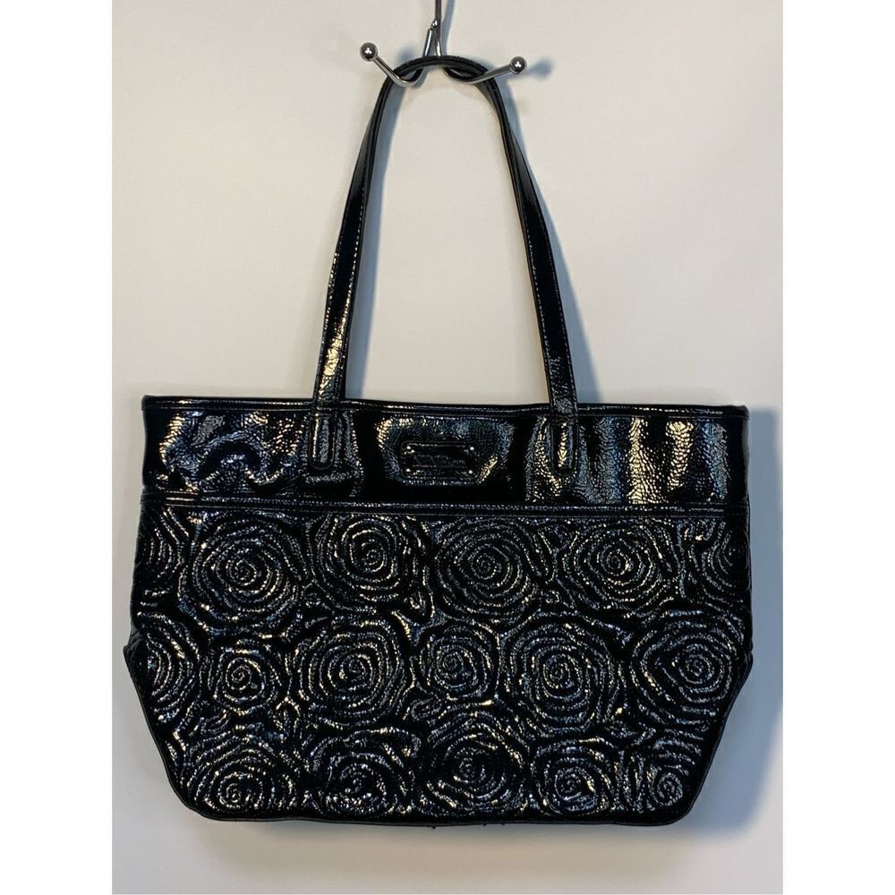 Nine & Co Embossed Roses Dual Handle Strap Shoulder Bag Black